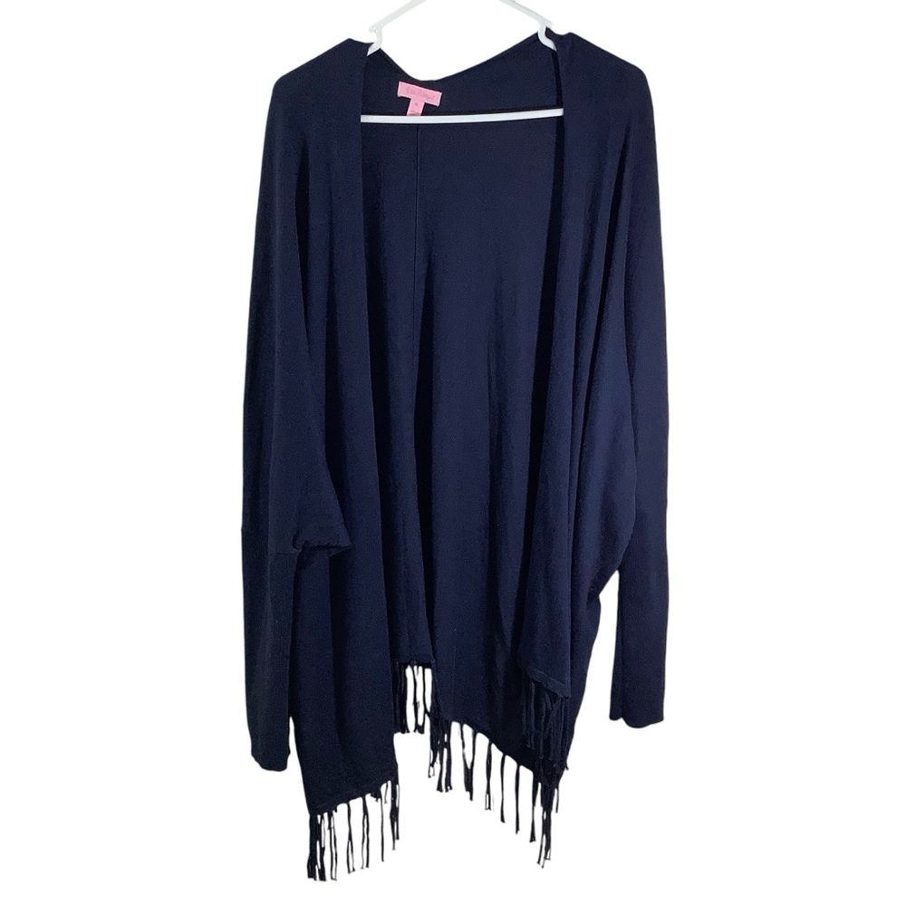 Lilly Pulitzer Open Front Cardigan Frayed Hem Navy